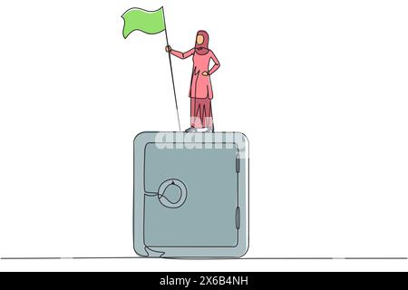 Une seule ligne continue dessinant une femme d'affaires arabe debout sur le coffre-fort géant tenant le drapeau. L'importance de conserver les documents Illustration de Vecteur