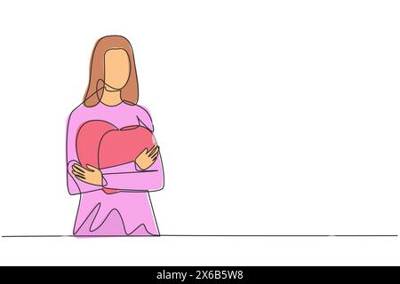 Dessin en ligne continue simple de belle femme avec chemise décontractée embrassant une grande forme de coeur rose dans sa poitrine. Concept d'acceptation de la proposition de mariage Illustration de Vecteur