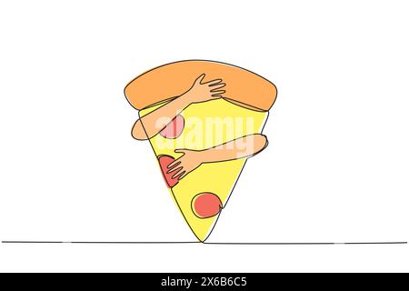 Dessin en ligne continue unique de mains serrant une tranche de pizza. Une tranche de pizza contient jusqu'à 700 calories. Les calories excessives ne sont pas bonnes pour le corps Illustration de Vecteur