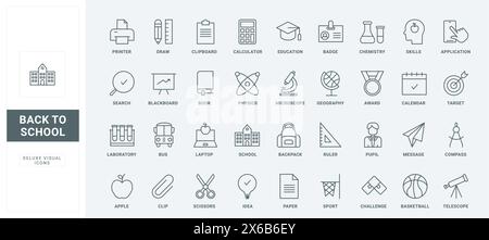 Décrire les symboles d'éducation et de graduation, les pictogrammes de connaissances et l'étude sur la leçon de classe, le livre et le télescope, le sac à dos et le bus. Retour à l'école minces icônes de ligne noire et rouge définissent l'illustration vectorielle Illustration de Vecteur