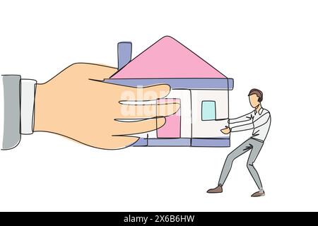 Continu une ligne dessinant jeune homme d'affaires tirant la maison miniature qui est également tiré par une grande main. A omis de payer l'hypothèque pour qu'elle puisse l'être Illustration de Vecteur