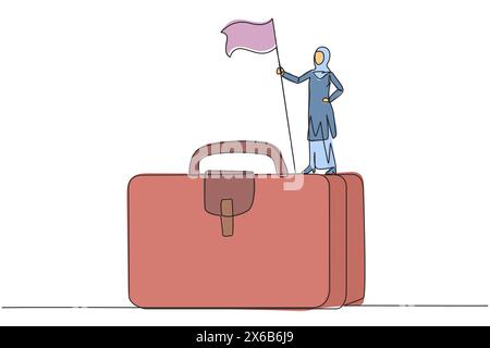 Dessin continu d'une ligne d'une femme d'affaires arabe debout sur une serviette géante tenant le drapeau. Partir en voyage d'affaires pour trouver de nouvelles idées en démarrage Illustration de Vecteur