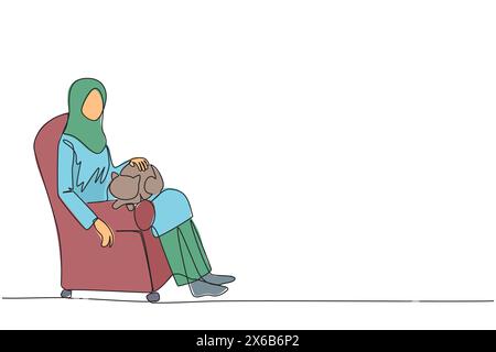 Dessin en ligne continue simple de jeune belle femme arabe assise sur le canapé serrant le chat sur sa cuisse. Propriétaire d'animal félin caressant w Illustration de Vecteur