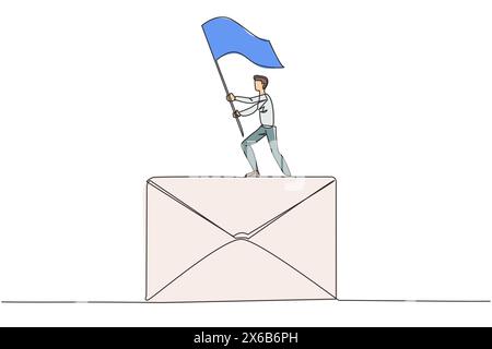 Dessin de ligne continue unique de jeune homme d'affaires debout sur l'icône géante de l'email levant le drapeau. Reçu un email d'offre de coopération qui est très profita Illustration de Vecteur