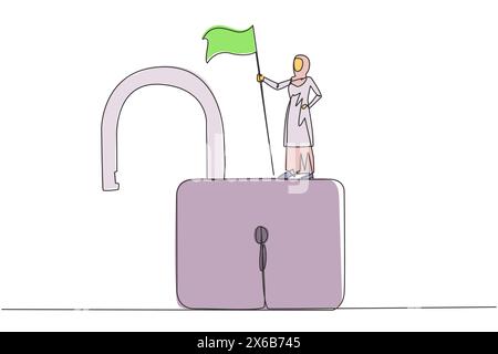 Dessin de ligne continue unique de femme d'affaires arabe debout sur un cadenas ouvert géant tenant le drapeau. Femme d'affaires réussie trouver des échappatoires dans un web Illustration de Vecteur