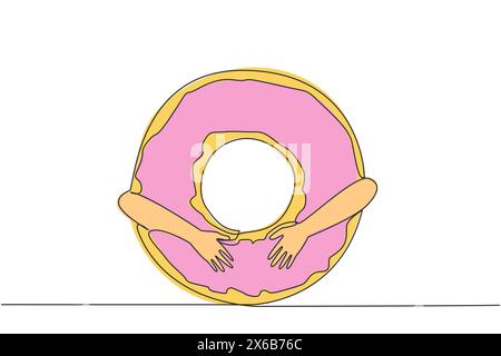 Dessin en ligne continue unique de mains serrant un donut. Gâteau qui a une forme caractéristique d'un trou au milieu. Fabriqué à partir de farine de blé qui m'a Illustration de Vecteur