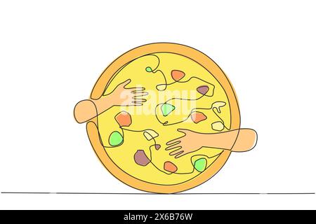 Dessin continu d'une ligne de mains serrant une pizza. Culinaire d'Italie qui est maintenant connu dans le monde entier. Nourriture typique sous la forme de circulaire Illustration de Vecteur