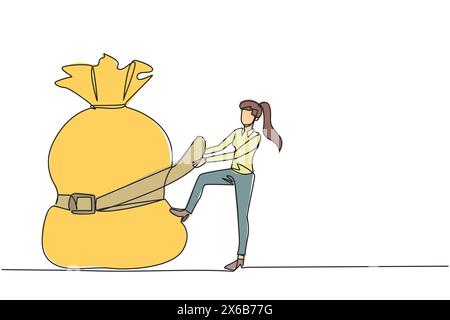 Simple ligne continue dessinant femme d'affaires enroulée autour et tiré le sac d'argent avec une ceinture. Baisse des investissements, baisse des ventes. Économisez sur les inutiles Illustration de Vecteur