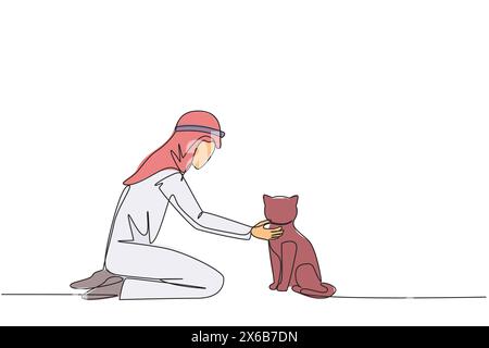 Dessin continu d'une ligne de jeune homme arabe énergique embrassant un petit chat. Tout en s'agenouillant, il a mis son chat mignon sur le sol tout en se nourrissant. Animal Illustration de Vecteur