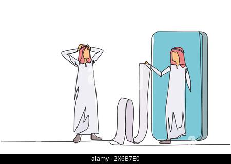 Continu une ligne dessinant homme d'affaires arabe tenant la tête face à homme d'affaires sortant de grand smartphone tenant la longue facture. Surpris par le nombre de b Illustration de Vecteur