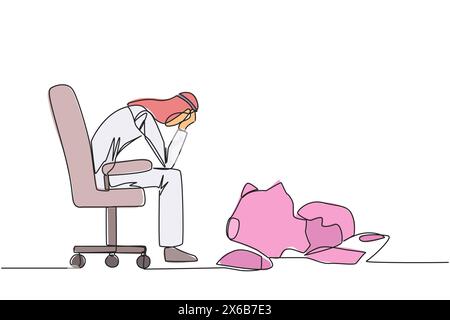 Simple dessin d'une ligne de l'homme d'affaires arabe se trouve pensivement sur la chaise de bureau et en face est une tirelire cassée. Ne pas épargner parce qu'ils doivent payer Illustration de Vecteur