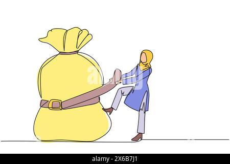 Une seule ligne continue dessinant une femme d'affaires arabe enroulée autour et tira le sac d'argent avec une ceinture. Baisse des investissements, baisse des ventes. Économisez sur les Unneces Illustration de Vecteur