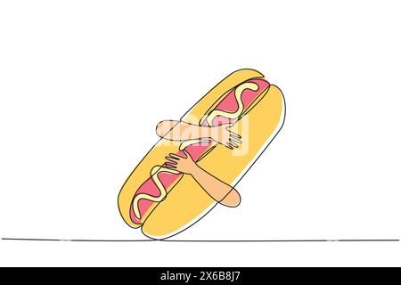 Dessin en ligne continue unique de mains serrant un hot-dog. Les saucisses longues cuites sont servies avec des brioches, puis garnies de morceaux de laitue, tomate, oni Illustration de Vecteur