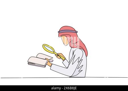 Simple dessin d'une ligne homme d'affaires arabe tient le livre et l'examine avec une loupe. Homme d'affaires relit des études scientifiques afin que son entreprise av Illustration de Vecteur