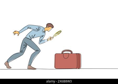 Le dessin continu d'une ligne de l'homme d'affaires tenant une loupe met en évidence la mallette. Rangé immédiatement sa mallette pour aller sur une affaire Illustration de Vecteur