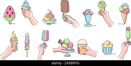 Une ligne de crème glacée. Sucette torsadée, popsicle en tranches de pastèque, friandises sundae classiques et crèmes glacées en cône avec ensemble d'illustration vectorielle de main de maintien Illustration de Vecteur