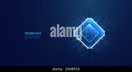 Puce d'ordinateur sur une carte de circuit imprimé. Semi-conducteur polygonal bleu clair. Illustration de Vecteur