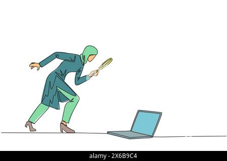 Dessin de ligne continue unique de femme d'affaires arabe tenant une loupe regardant l'ordinateur portable. Confus un programmeur face aux bugs dans Illustration de Vecteur