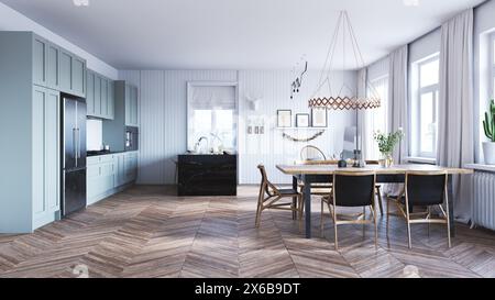 design intérieur de cuisine moderne avec table à manger. rendu 3d. Banque D'Images