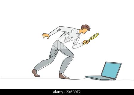 Simple homme d'affaires dessinant une ligne tenant une loupe regardant l'ordinateur portable. Confus un programmeur face aux bugs dans l'application il m Illustration de Vecteur
