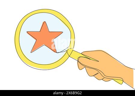 Une seule ligne dessinant une grande main tenant une loupe met en évidence l'étoile. Regarder les étoiles en zoomant. Réalisez des rêves aussi hauts que les étoiles Illustration de Vecteur