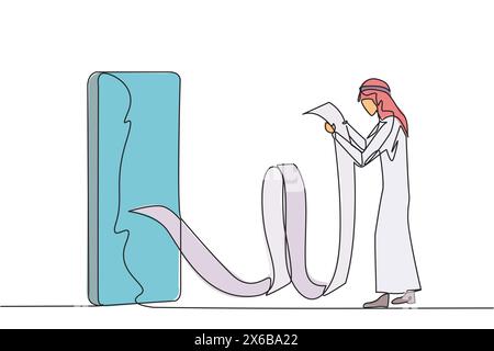 Simple ligne continue dessinant homme d'affaires arabe tenant le rouleau de papier de facturation sortant du smartphone. Facturation qui contient les paiements en ligne, virement Illustration de Vecteur