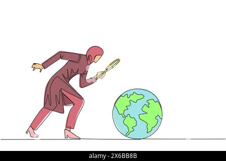 Simple une ligne dessinant femme d'affaires arabe tenant une loupe regardant le globe. Analyser et cartographier le territoire pour ouvrir la nouvelle entreprise. Growi Illustration de Vecteur