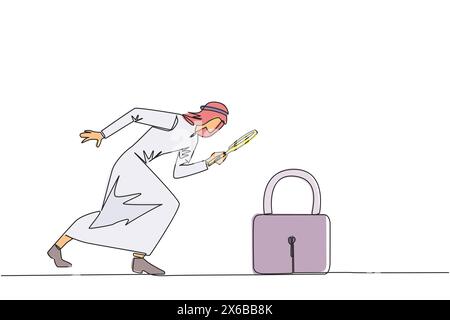 Simple ligne continue dessinant l'homme d'affaires arabe tient la loupe regarder le cadenas. Chercher des moyens de protéger les valeurs boursières pour les garder élevées et sûres Illustration de Vecteur
