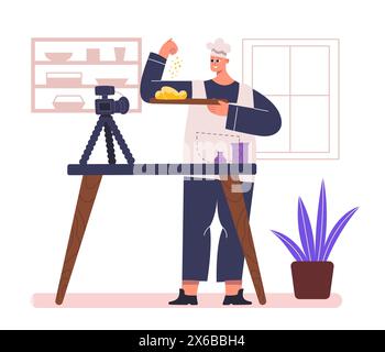 Restaurants chefs, blogueur culinaire, cuisinier restaurant et culinaire. Plat de cuisine de personnage de dessin animé masculin dans la cuisine Illustration de Vecteur