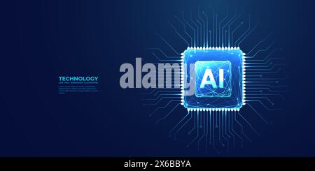 Vue de dessus de puce ai sur fond bleu de technologie. Puce bleu clair Illustration de Vecteur