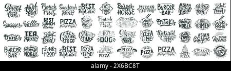 Lettrage Big Set fast food. Étiquettes dessinées à la main pour les bars, cafés vendant des pizzas, ramen, gaufre, pop-corn, hamburgers Illustration de Vecteur