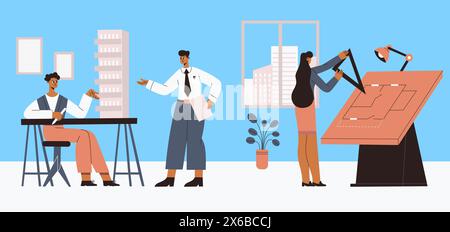 Constructeurs, ingénieurs, architectes travailleurs professionnels de l'équipe de construction Illustration de Vecteur