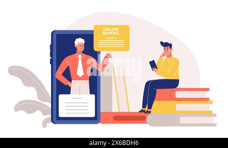 Formation en ligne. Garçon assis sur une pile de livres apprenant avec smartphone. Élève ou étudiant ayant un apprentissage à distance Illustration de Vecteur