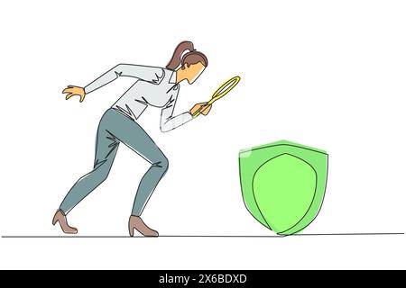 Simple une ligne dessinant la femme d'affaires tient la loupe regarder au bouclier. Établissez plusieurs couches de protection pour la sécurité des transactions commerciales Illustration de Vecteur