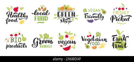 Étiquettes de fruits et légumes biologiques. Badges de légumes locaux sains pour l'emballage de produits biologiques. Nourriture végétarienne Illustration de Vecteur