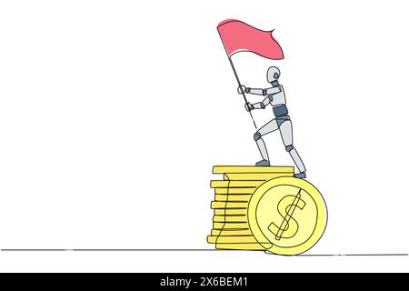 Dessin d'une seule ligne continue d'intelligence artificielle robotique debout sur une pile géante de pièces de monnaie tenant un drapeau flottant. Robot de technologie future de Illustration de Vecteur
