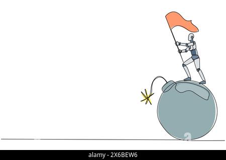 Dessin continu d'une ligne d'intelligence artificielle robotique debout sur une grosse bombe avec un fusible brûlant tenant un drapeau. Concept de business near Deadl Illustration de Vecteur