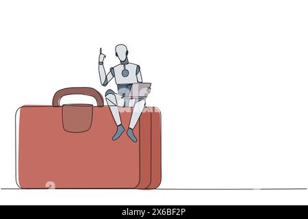 Dessin continu d'une ligne intelligence artificielle robotique assis sur une mallette géante tenant l'ordinateur portable levez une main. Les robots de programmation peuvent voyager Illustration de Vecteur