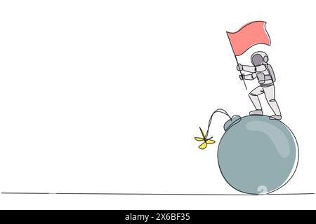 Une seule ligne continue dessinant un jeune astronaute debout sur une grosse bombe avec une fusée allumée tenant un drapeau flottant. Le sentiment des astronautes sera danger d Illustration de Vecteur