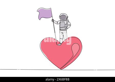 Ligne continue unique dessinant un jeune astronaute énergique debout sur un cœur de symbole géant. Les astronautes font de la charité pour les familles d'astronautes. Cosmonau Illustration de Vecteur