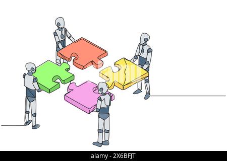 Simple une ligne dessinant quatre robots intelligence artificielle debout avec chacun tenant une pièce de puzzle. Travail d'équipe pour assembler le puzzle. Futur Illustration de Vecteur