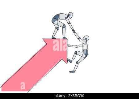 Une seule ligne continue dessinant un robot a tiré le bras d'un autre robot qui est presque tombé de la grande flèche. Travail d'équipe pour aider les collègues. Un toge grandissant Illustration de Vecteur