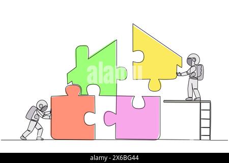 Continu une ligne dessinant deux astronautes ont mis ensemble puzzle carré en forme de maison. Le travail d'équipe et les échelles rendent la mise en place de puzzles même e Illustration de Vecteur
