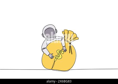 Une seule ligne continue dessinant un astronaute serrant un sac d'argent. L'équipe de l'expédition retourne sur terre. Les astronautes ont reçu des honoraires qui dépassent les attentes. RIC Illustration de Vecteur