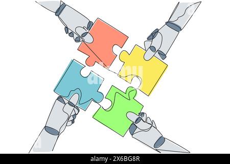 Continu d'une ligne dessinant quatre mains de robot tenant une pièce de puzzle l'une l'autre. Faire du travail d'équipe pour assembler des pièces de puzzle en une seule forme. Future ai tec Illustration de Vecteur