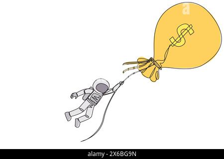 Une seule ligne continue dessinant un astronaute se tenant dans un sac d'argent volant. La métaphore de beaucoup d'argent fera de nombreux souhaits se réaliser. Riche astr Illustration de Vecteur