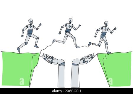 Une seule ligne continue dessinant trois robots traversant une falaise qui a un trou au milieu, mais qui est soutenu par une grande main de robot. Faites du travail d'équipe towa Illustration de Vecteur