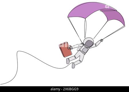 Une ligne continue dessinant un jeune astronaute énergique volant avec une mallette de maintien en parachute. Rangez le parachute et rejoignez l'équipe d'expédition Illustration de Vecteur