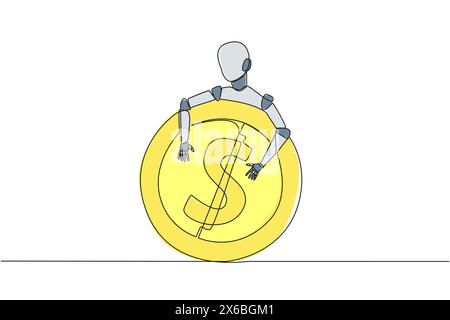 Robot de dessin continu à une ligne serrant un dollar de signe de pièce de monnaie. Insérez la pièce de monnaie à l'arrière du robot, puis il répondra à tous vos souhaits. Techn. Future Illustration de Vecteur