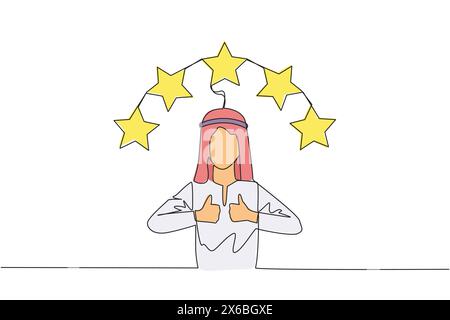 Simple une ligne dessinant homme arabe donnant deux pouces vers le haut, au-dessus de la tête il y a 5 étoiles formant demi-cercle. Expérience d'achat en ligne passionnante. Révision Illustration de Vecteur